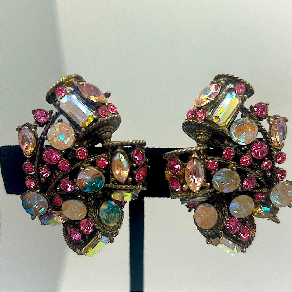 Vintage Thelma Deutsch Clip Rhinestone Earrings Multi Color - Shaped Rare Estate